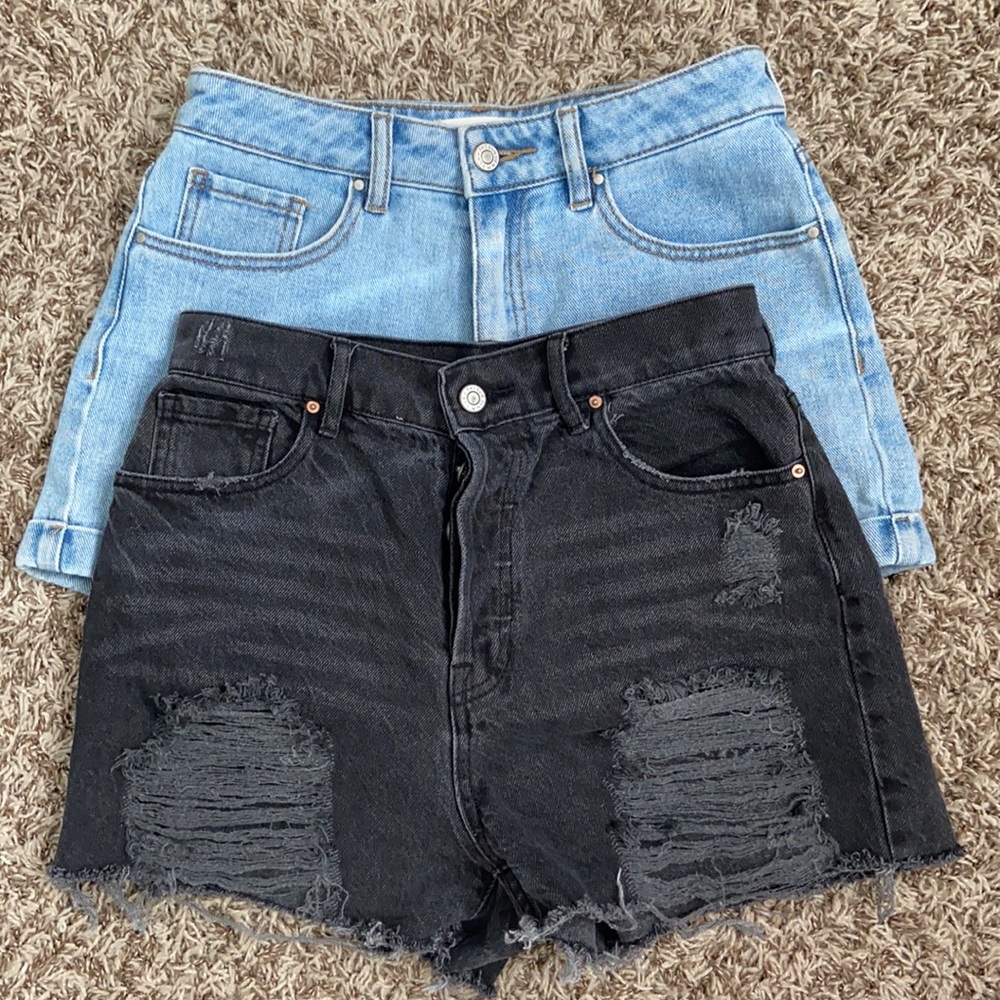 black and blue denim shorts